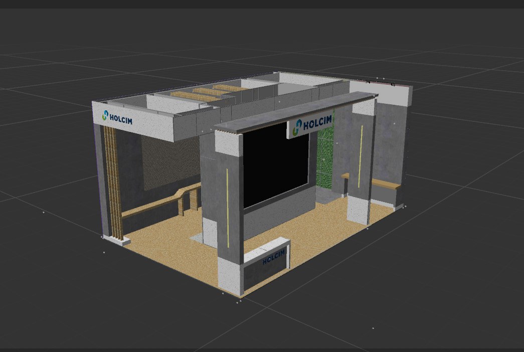 Render 3D previo del diseño del stand corporativo de Holcim